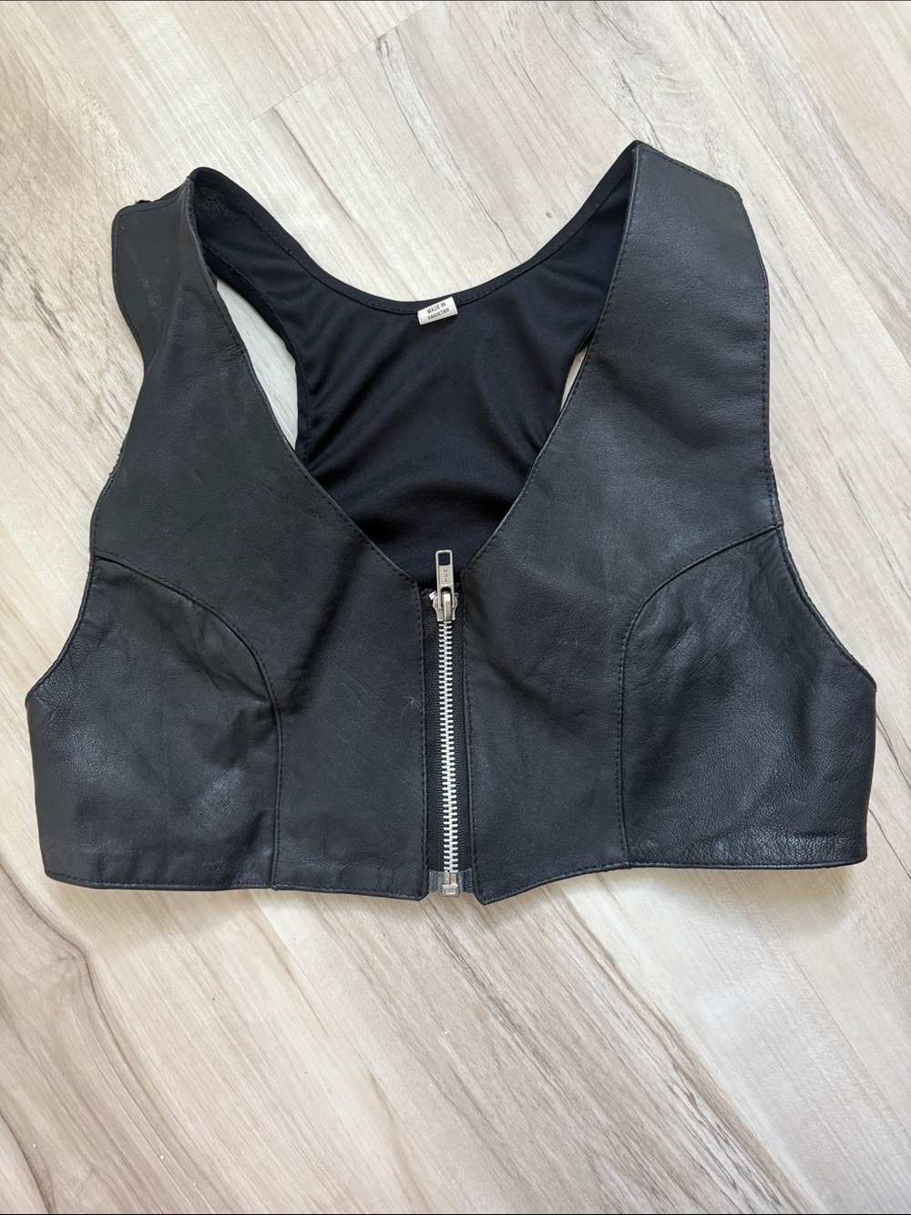 Vintage Black Leather Front-Zip Crop Top